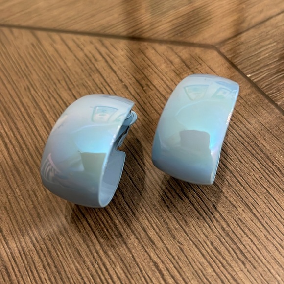 Vintage Pale Blue Iridescent Clip Hoop Earrings - Picture 2 of 14